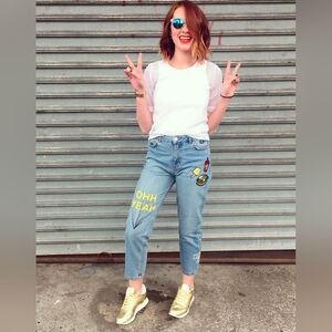 Zara Light Blue Sequin Embriodered Patchwork Boyfriend Jeans Size 4